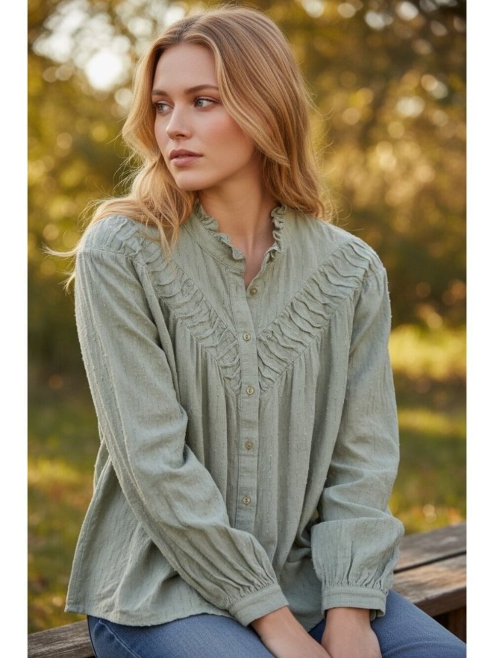 Sundance Sage Green Ruffle Pintuck Cotton Blouse Size Medium Cottagecore
